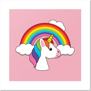 Unicorn and Rainbow with Clouds Kawaii Posters and Art